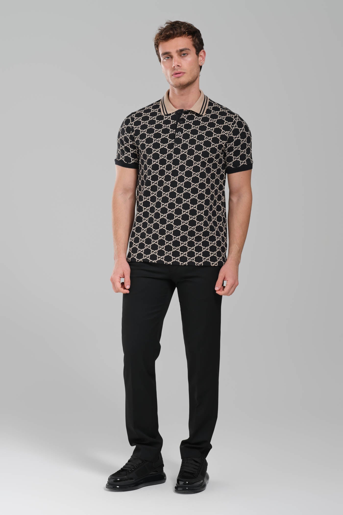 Gucci GG Monogram Polo Shirt – Black/Beige