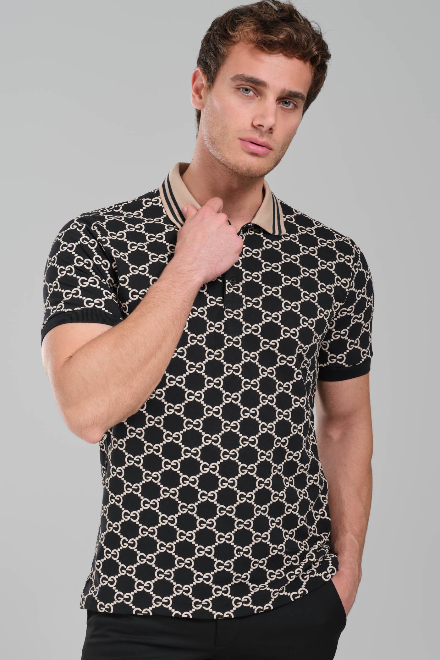 Gucci GG Monogram Polo Shirt – Black/Beige