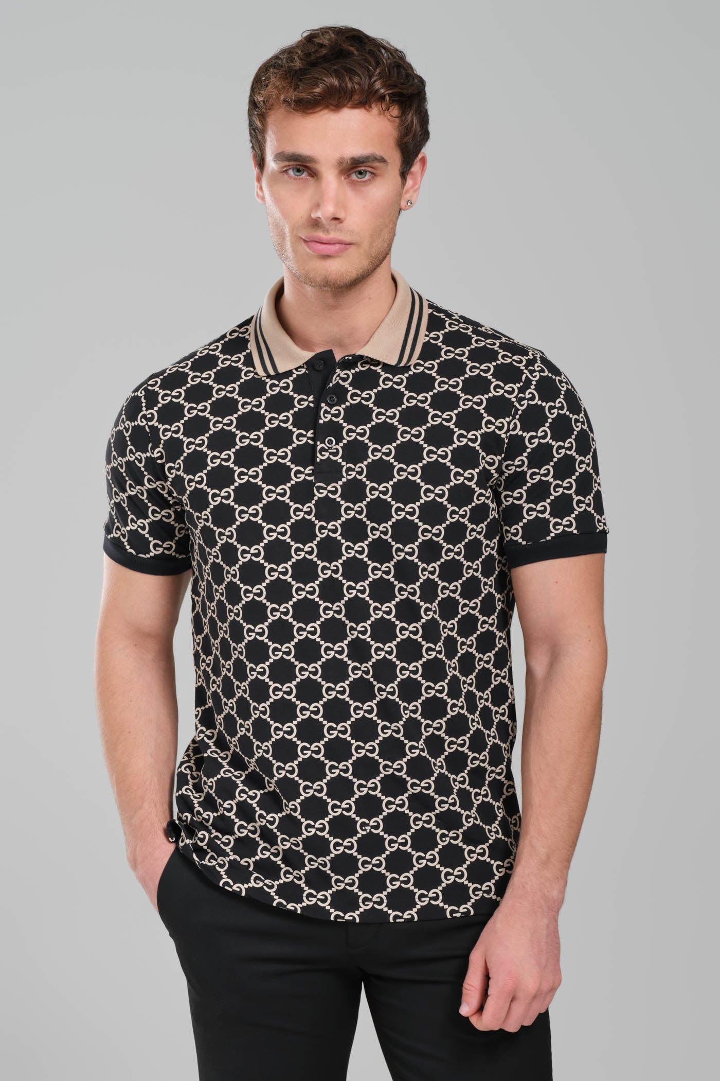 Gucci GG Monogram Polo Shirt – Black/Beige