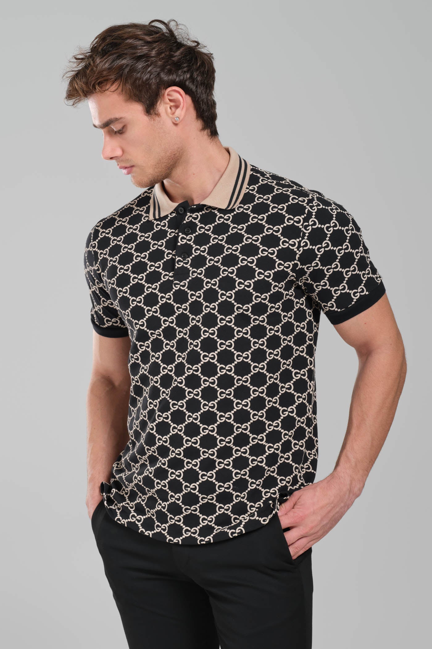 Gucci GG Monogram Polo Shirt – Black/Beige