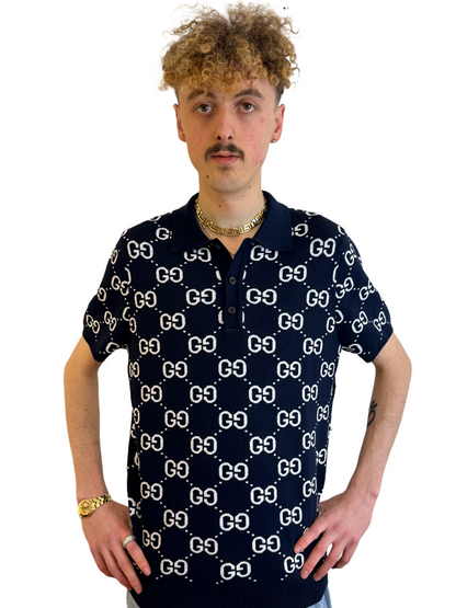 GUCCI GG Stretch Cotton Navy Blue Polo T-shirt