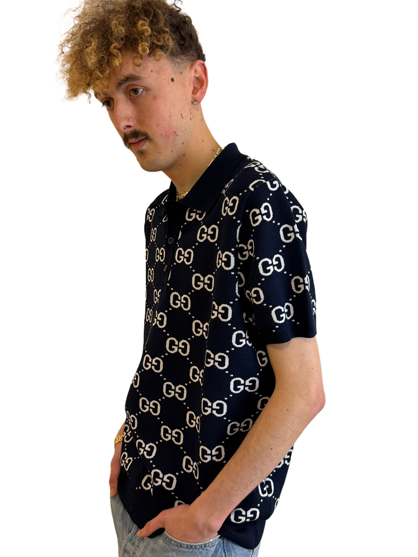 GUCCI GG Stretch Cotton Navy Blue Polo T-shirt