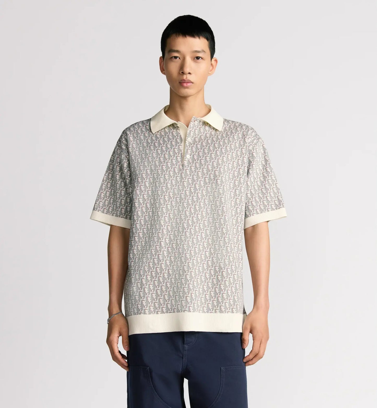 Dior Oblique Polo Shirt.         White, Blue and Brown Cotton Jacquard