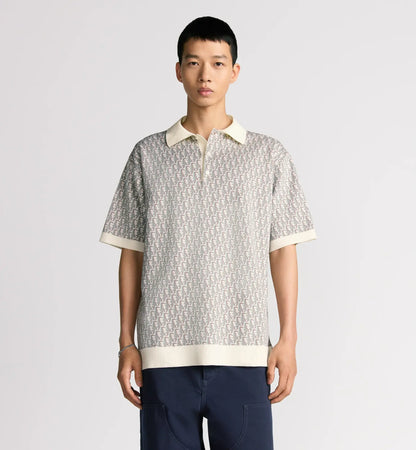 Dior Oblique Polo Shirt.         White, Blue and Brown Cotton Jacquard