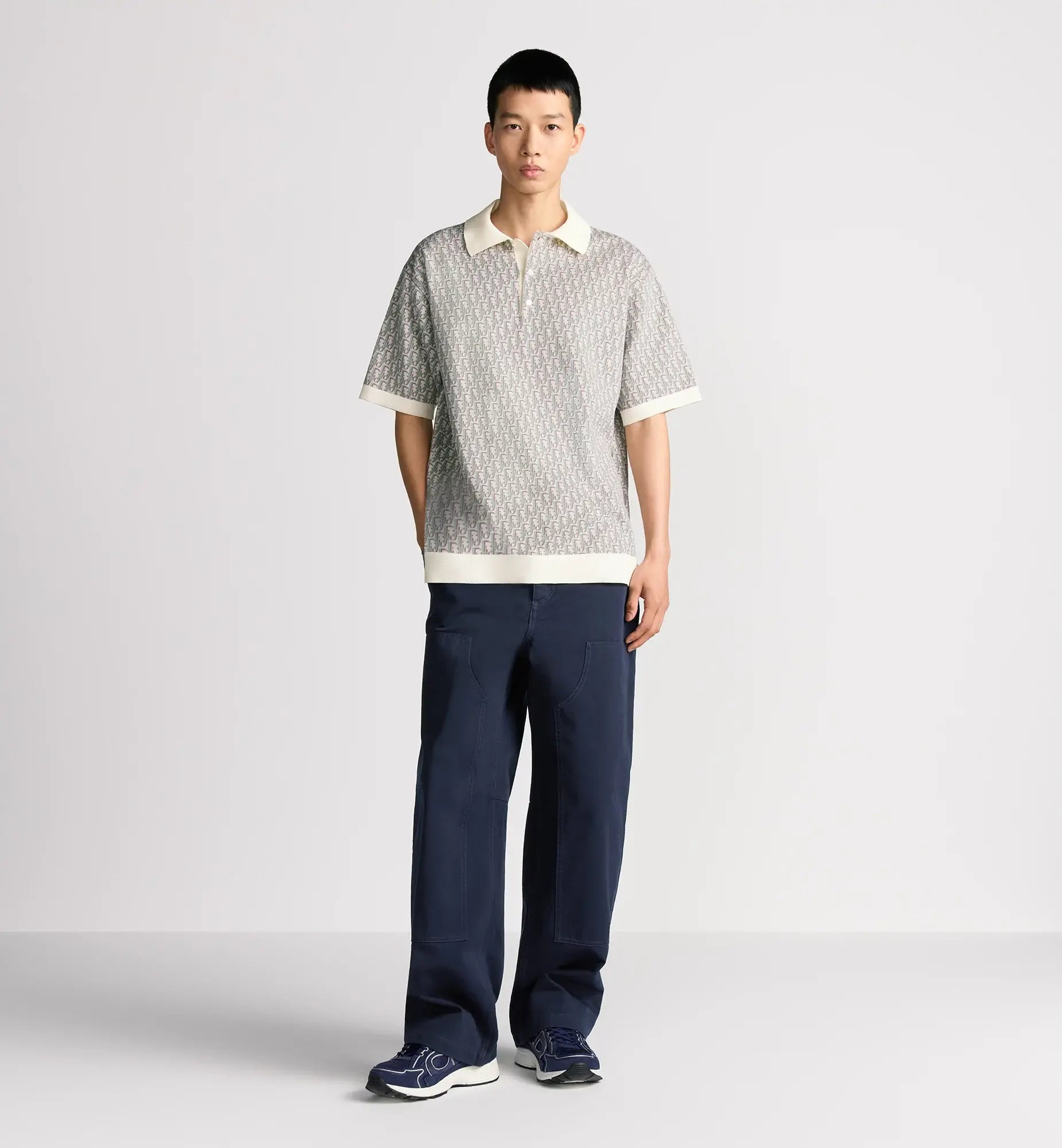 Dior Oblique Polo Shirt.         White, Blue and Brown Cotton Jacquard