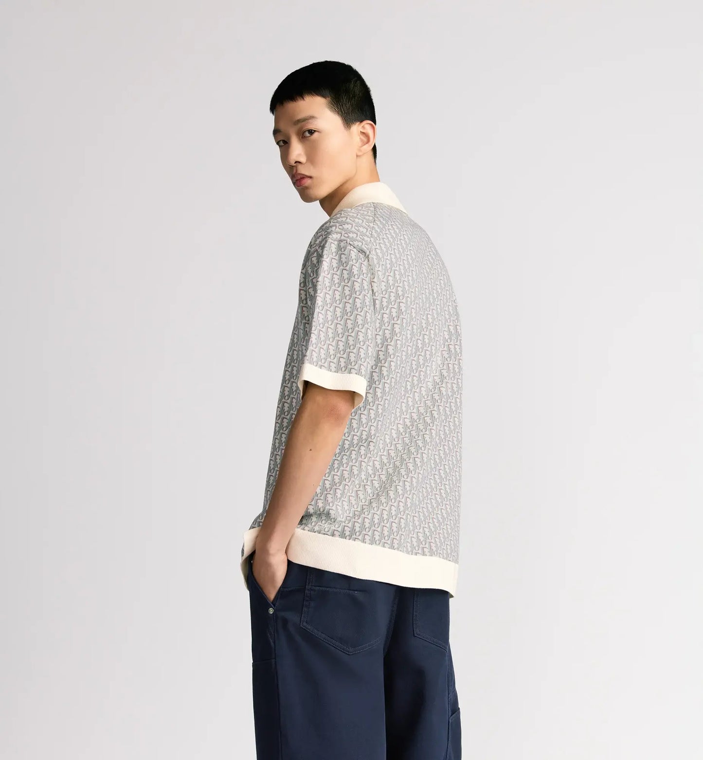 Dior Oblique Polo Shirt.         White, Blue and Brown Cotton Jacquard