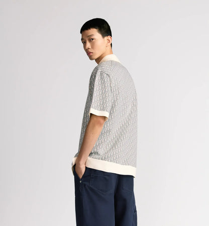 Dior Oblique Polo Shirt.         White, Blue and Brown Cotton Jacquard