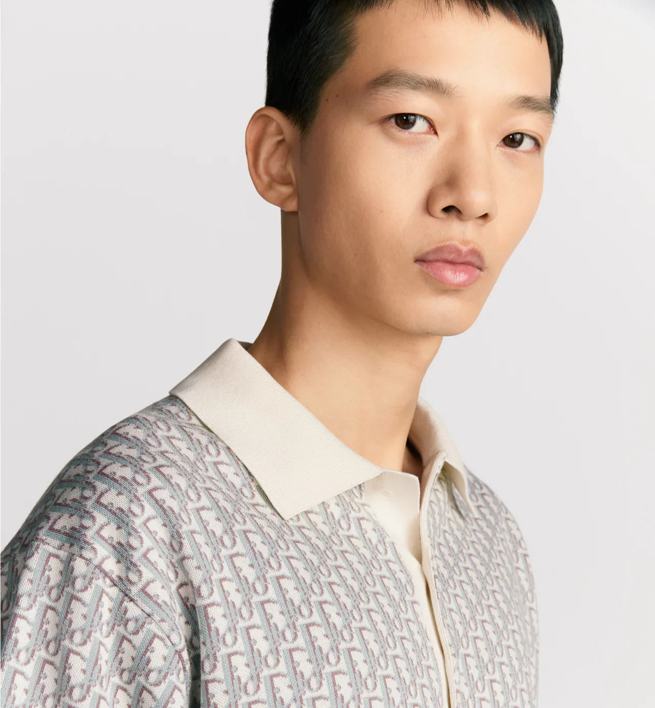 Dior Oblique Polo Shirt.         White, Blue and Brown Cotton Jacquard