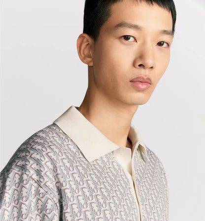 Dior Oblique Polo Shirt.         White, Blue and Brown Cotton Jacquard