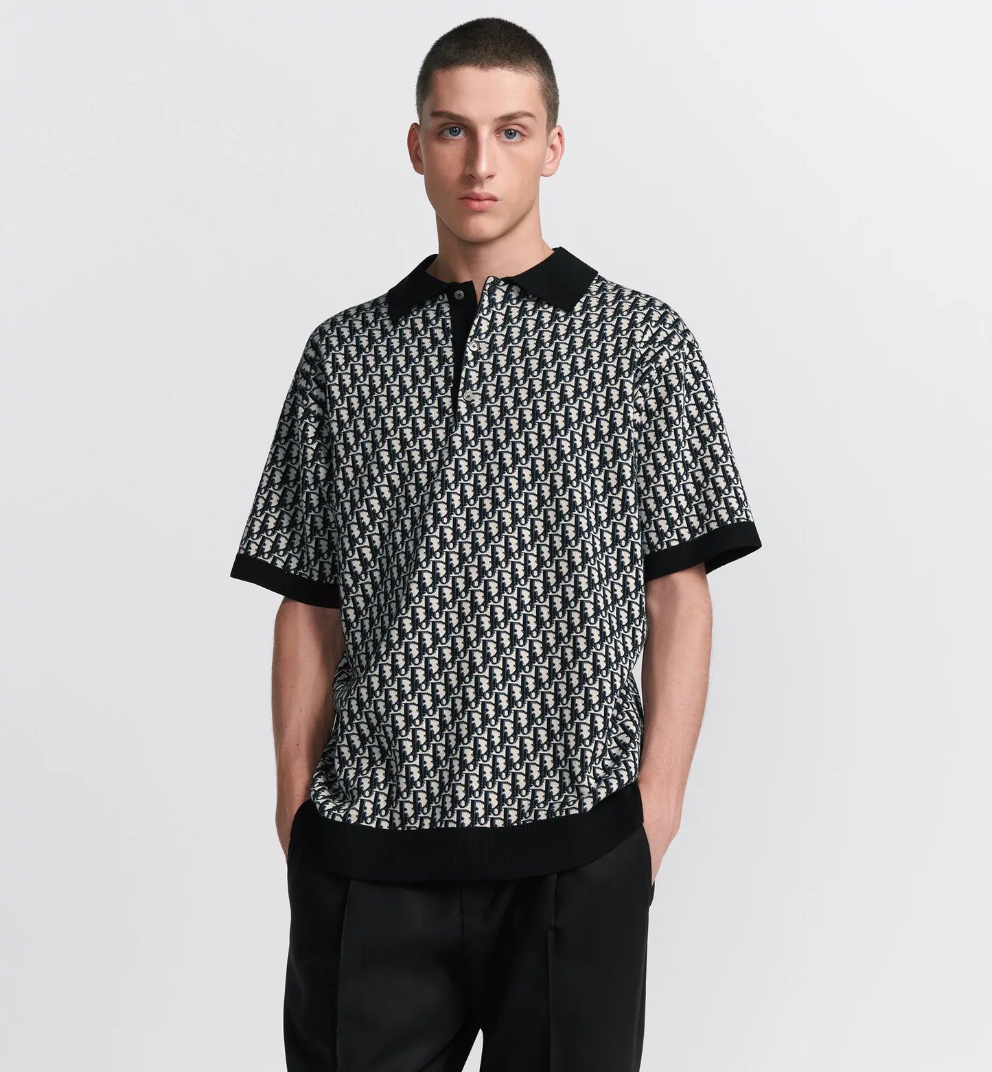 Dior Oblique Polo Shirt.Beige, Blue and Black Cotton Jacquard.