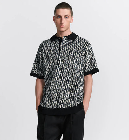Dior Oblique Polo Shirt.Beige, Blue and Black Cotton Jacquard.