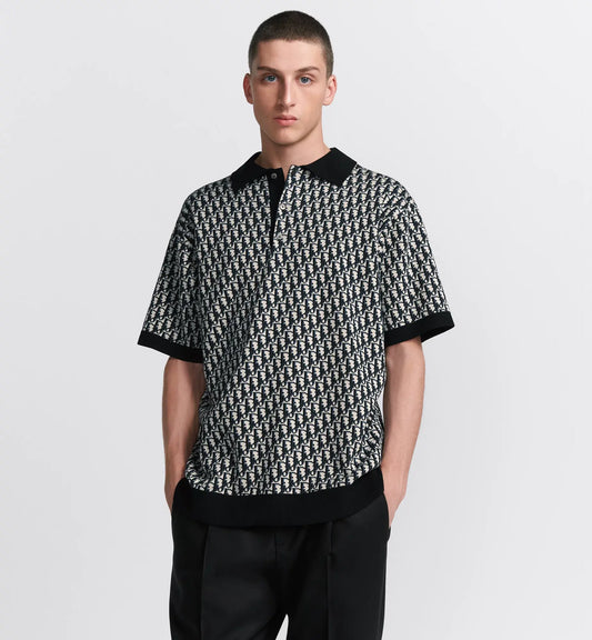 Dior Oblique Polo Shirt.Beige, Blue and Black Cotton Jacquard.